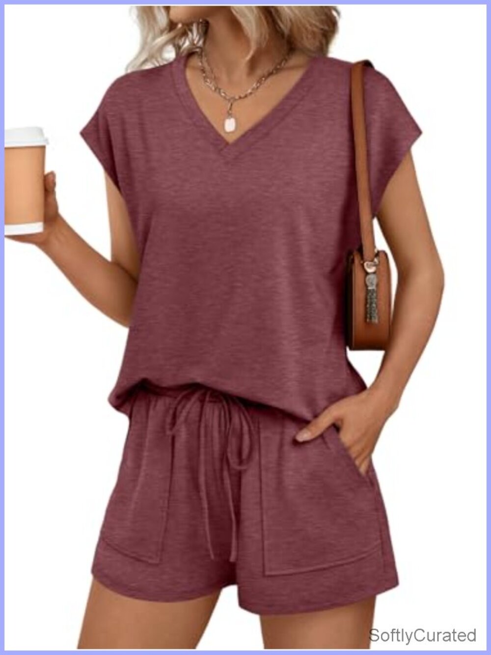 2 Piece Lounge Short Set V Neck Cap Sleeve Drawstring Shorts